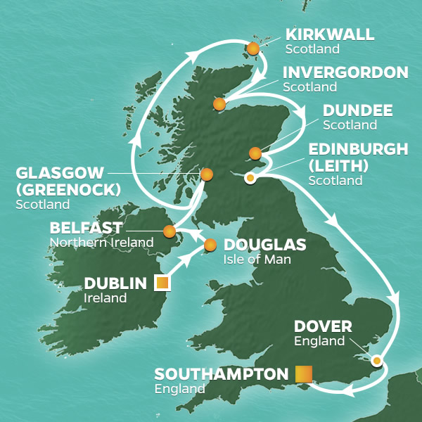 PerryGolf 2020 British Isles Golf Cruise Map